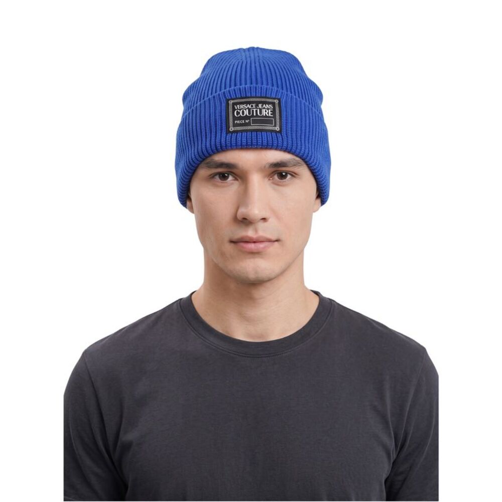 Versace Jeans Couture Men's Royal Blue Ribbed Knit Logo Patch Beanie